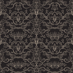 Damask Vector Seamless Pattern. Vintage Style Wallpaper, Carpet or Wrapping Paper Design. Italian Medieval Floral Flourishes, Greek Flowers for Textures. Baroque Leaves for Scrapbooking.