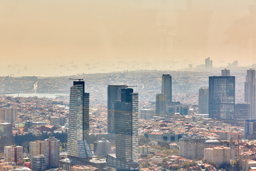 Istanbul, Turkey - 1 April, 2017: Urban landscape of European side of Istanbul and Bosphorus Strait...