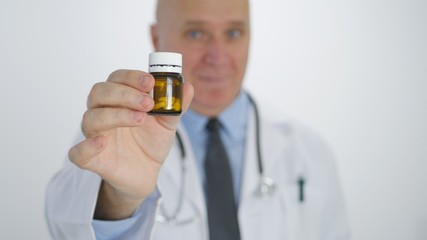 Confident Doctor Smile Showing Medicines Recommending a New Pills Treatment