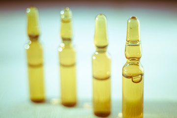 Group object of liquid medicinal agent in limpid glassware in medical laboratory.