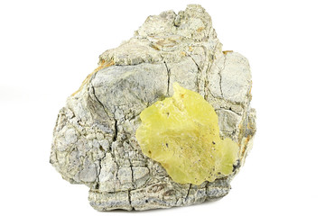 yellow brucite on matrix from Qillah Saifullh, Baluchistan, Pakistan isolated on white background