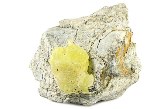 yellow brucite on matrix from Qillah Saifullh, Baluchistan, Pakistan isolated on white background