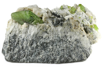 green sphene (titanite) with albite from Skardu, Pakistan isolated on white background