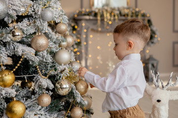 little boy decorates a Christmas tree for Christmas