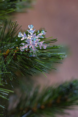 Big sparkle snowflake on christmas tree brunch with bokeh effect on soft background in vertical align