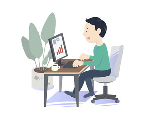 A man working on the personal computer. Modern office. Vector Illustration. Asian,White, wearing casual wear.