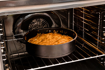 cooked homemade Apple pie is on the grill in the oven