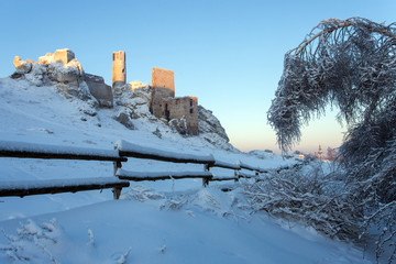 the ruins of the castle in Olsztyn in the winter, Jura Krakowsko Czestochowska region, Poland