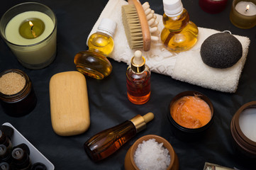 luxury Set of spa products with accessoires on black background