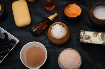 luxury Set of spa products with accessoires on black background