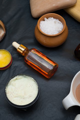 luxury Set of spa products with accessoires on black background