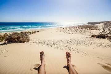 Photo sur Plexiglas Plage de Sotavento, Fuerteventura, Îles Canaries Sotavento beach on fuerteventura canary island in spain. View from large dune.