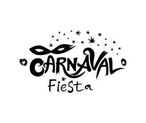 Carnaval Fiesta. logo in spanish. Translated as Carnaval party. Hand drawn vector template with Masquerade Mask. Black vector pattern isolated on white.