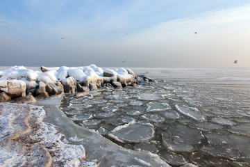 frozen Baltic sea in Gdynia city, Poland