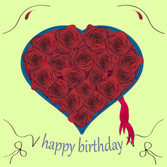 bouquet of roses in the shape of a heart, illustration top view, the inscription greetings happy birthday