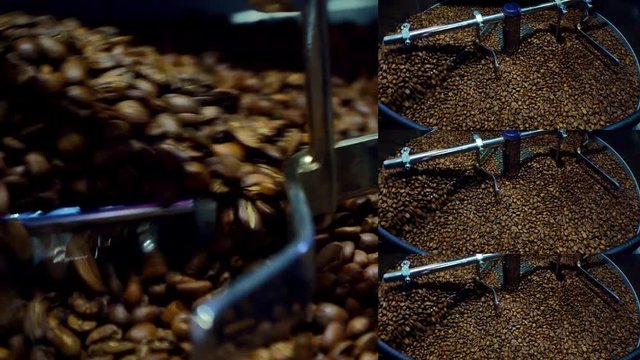 Collage of various video clips covering the topic of coffee. Split screen montage wall. Coffee bean roasting. Split screen. Making coffee. Grain cooling process. Brown color.