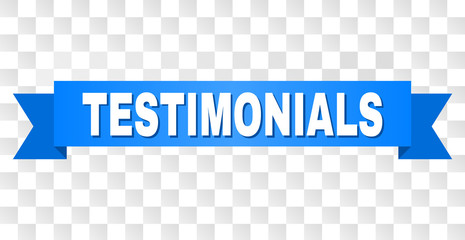 TESTIMONIALS text on a ribbon. Designed with white title and blue tape. Vector banner with TESTIMONIALS tag on a transparent background.
