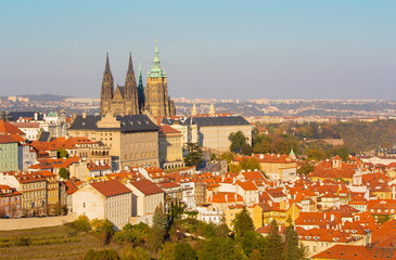 Prague - The roofs of Mala Strana with the  Castle and the St. Vitus Cathedral.