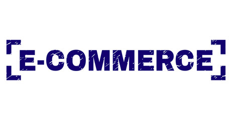 E-COMMERCE text seal stamp with corroded texture. Text tag is placed inside corners. Blue vector rubber print of E-COMMERCE with corroded texture.