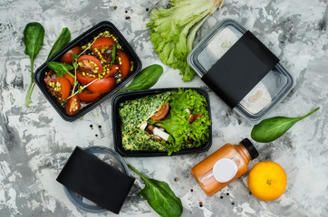 The menu of healthy food for the day. Smoothies, salads, pastries and soup in containers with space for logo. Food delivery for fitness diets. Place for text. Over view