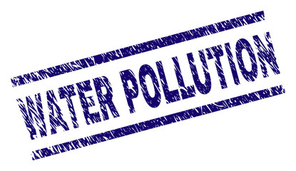 WATER POLLUTION seal print with distress style. Blue vector rubber print of WATER POLLUTION tag with retro texture. Text tag is placed between parallel lines.