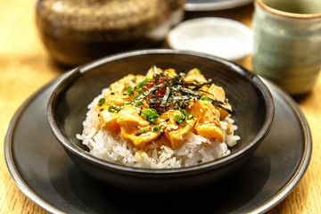 Salmon teriyaki with rice. A dish of Japanese cuisine.