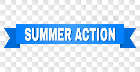 SUMMER ACTION text on a ribbon. Designed with white caption and blue tape. Vector banner with SUMMER ACTION tag on a transparent background.