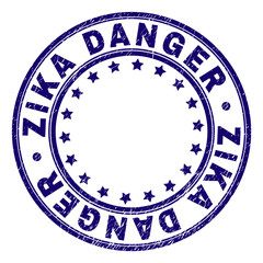 ZIKA DANGER stamp seal imprint with grunge texture. Designed with round shapes and stars. Blue vector rubber print of ZIKA DANGER caption with grunge texture.