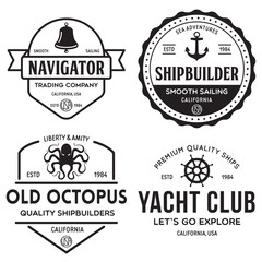 Fototapeta premium Set of sea and nautical typography badges and design elements. Templates for company logo. Marine cruise, yacht club, trading companym, shipbuilding and other themes.