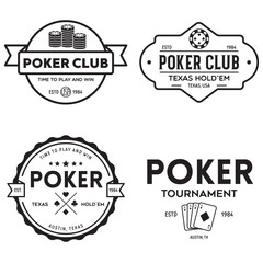 Obraz premium Poker related labels emblems badges design elements set. Texas holdem poker club tournament logotype collection.
