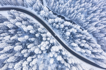 Aerial view on the road and forest at the winter time. Natural winter landscape from air. Forest under snow a the winter time. Landscape from drone