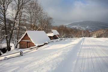 Mountain huts near Brzegi Gorne (Berehy), Bieszczady Mountains, Bieszczady National Park, Carpathians Mountains, Poland