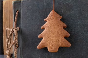 Tasty gingerbread and book loss. Dessert on a wooden table in the cabinet.