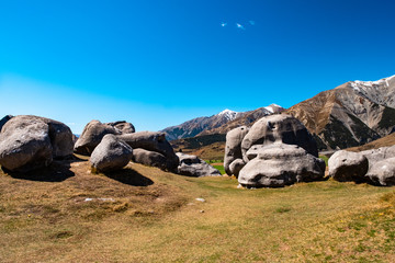 A beautiful landscape of Castle Hill with blue sky, Canterbury, New Zealand.