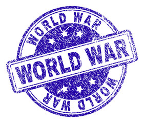 WORLD WAR stamp seal watermark with distress texture. Designed with rounded rectangles and circles. Blue vector rubber print of WORLD WAR text with dust texture.