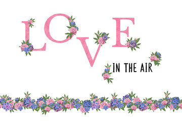 Bright roses and succulent LOVE word. Isolated pink design on white background. Floral elements for greeting cards design, wedding, party, invitations, flyers. Scrapbooking graphics