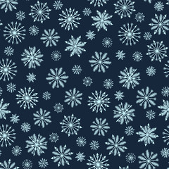 Fototapeta na wymiar Winter light blue snowdrops seamless pattern on deep blue background