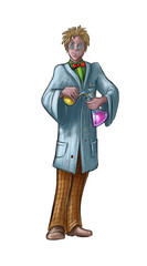 Concept art sci-fi digital painting or illustration of mad scientist working in laboratory.