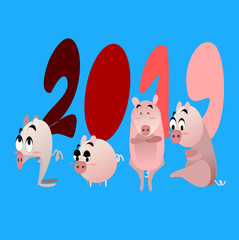 Obraz na płótnie Canvas Year of the Pig and New Year 2019 and Chinese New Year. Flat illustration for decoration. Colorful cute cartoon character on background isolated.