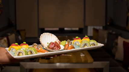 Tray with sushi rolls