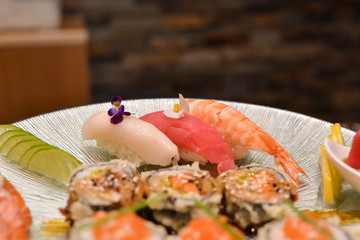 Sushi arrangement plate closeup