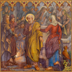 PRAGUE, CZECH REPUBLIC - OCTOBER 15, 2018: The fresco of The Peter Disowns Jesus in church Bazilika svatého Petra a Pavla na Vyšehrade by S. G. Rudl (1895).