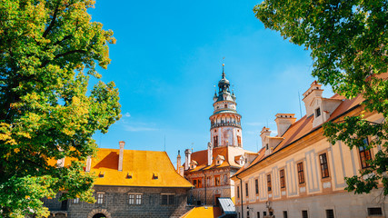 Castle Tower and old buildings in Cesky Krumlov, Czech