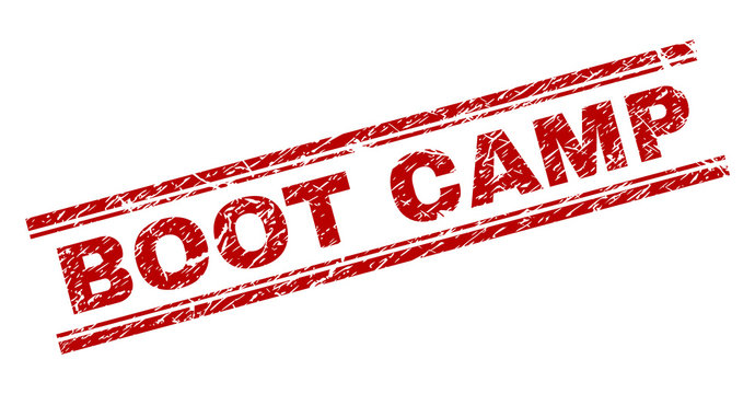 BOOT CAMP seal print with corroded style. Red vector rubber print of BOOT CAMP text with grunge texture. Text title is placed between double parallel lines.