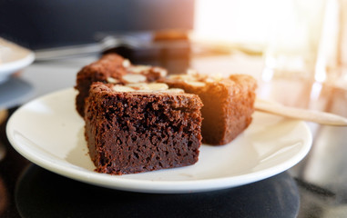 brownies cake on the table piece of chocolate cake cocoa with nut on top view brownies slice