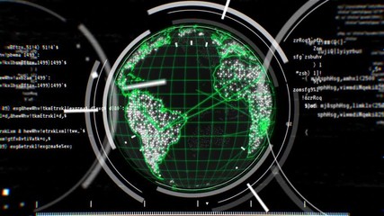 Global Tech Radar Warning 4K Loop features animated circular technology lines and text with an animated globe with grid lines with two more globes coming into view and flashing red - Powered by Adobe