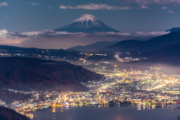 高ボッチから月夜に照らされた富士山と諏訪湖