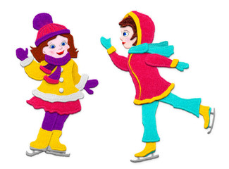 Children skating. Imitation of applique fabric. Isolated on white background.