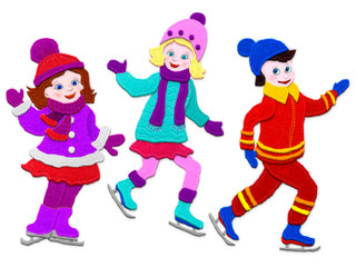 Children skating. Imitation of applique fabric. Isolated on white background.