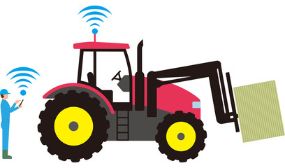 スマート農業。自動化された農業用トラクターと牧草栽培。